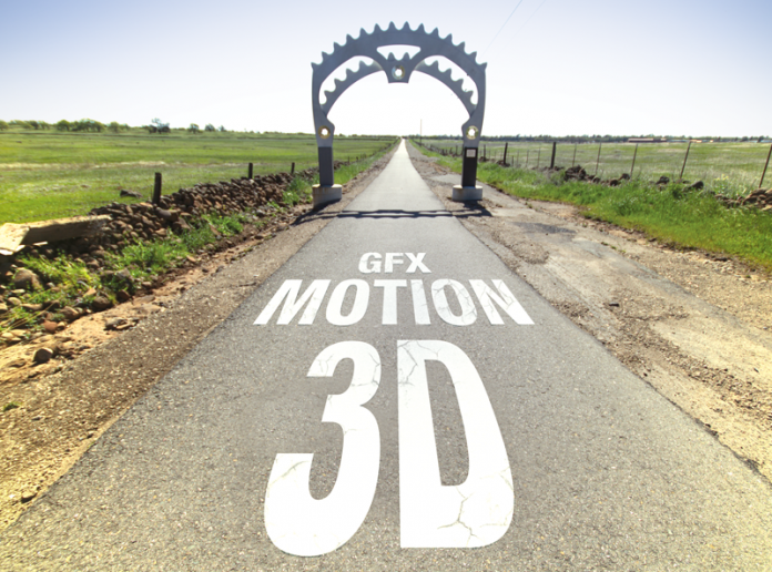 Vanishing point type of shot of a bike path with the words “bike lane” removed and replaced with same text style stating “3D motion GFX”